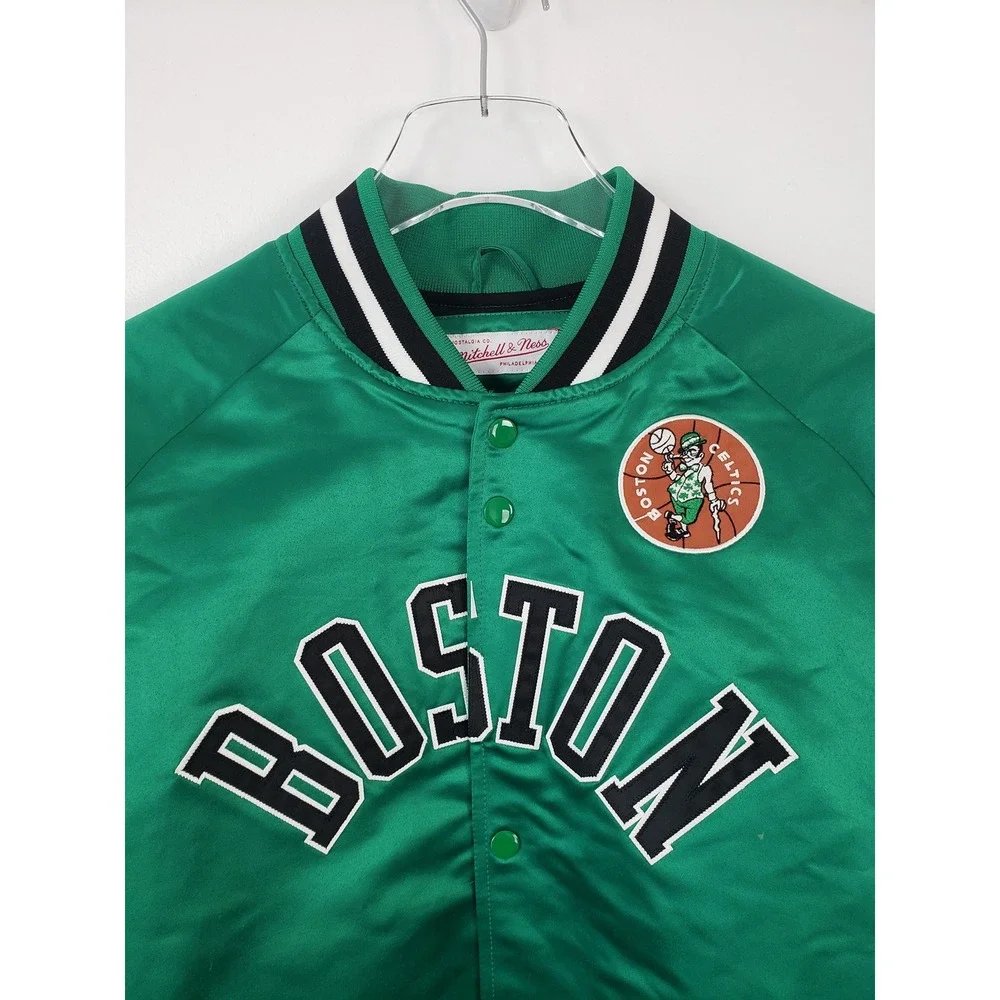 Boston Celtics Satin Varsity Jacket Green Snap Front Mitchell & Ness Mens Large